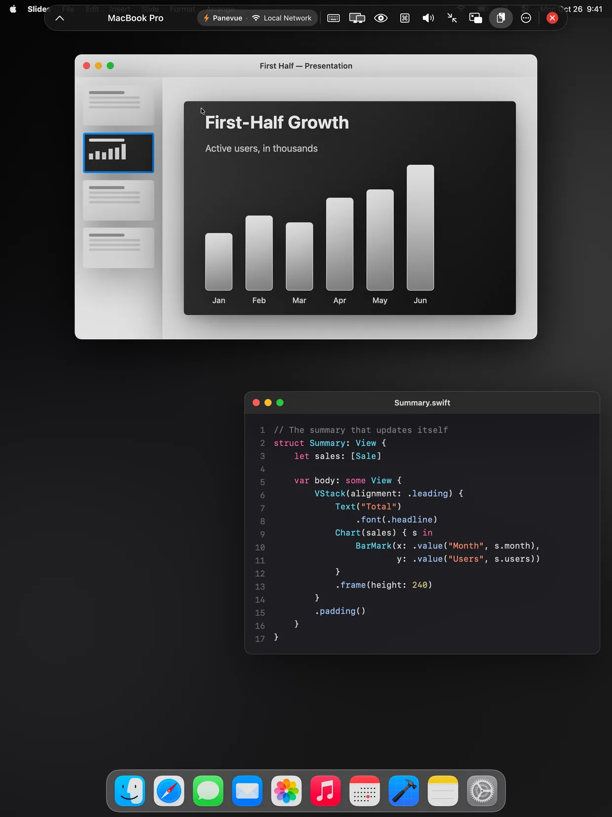Panevue on iPad: a Mac desktop full screen, with a presentation and a code editor