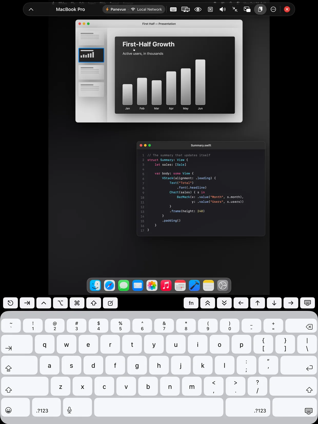 The on-screen keyboard with the bar of Mac keys