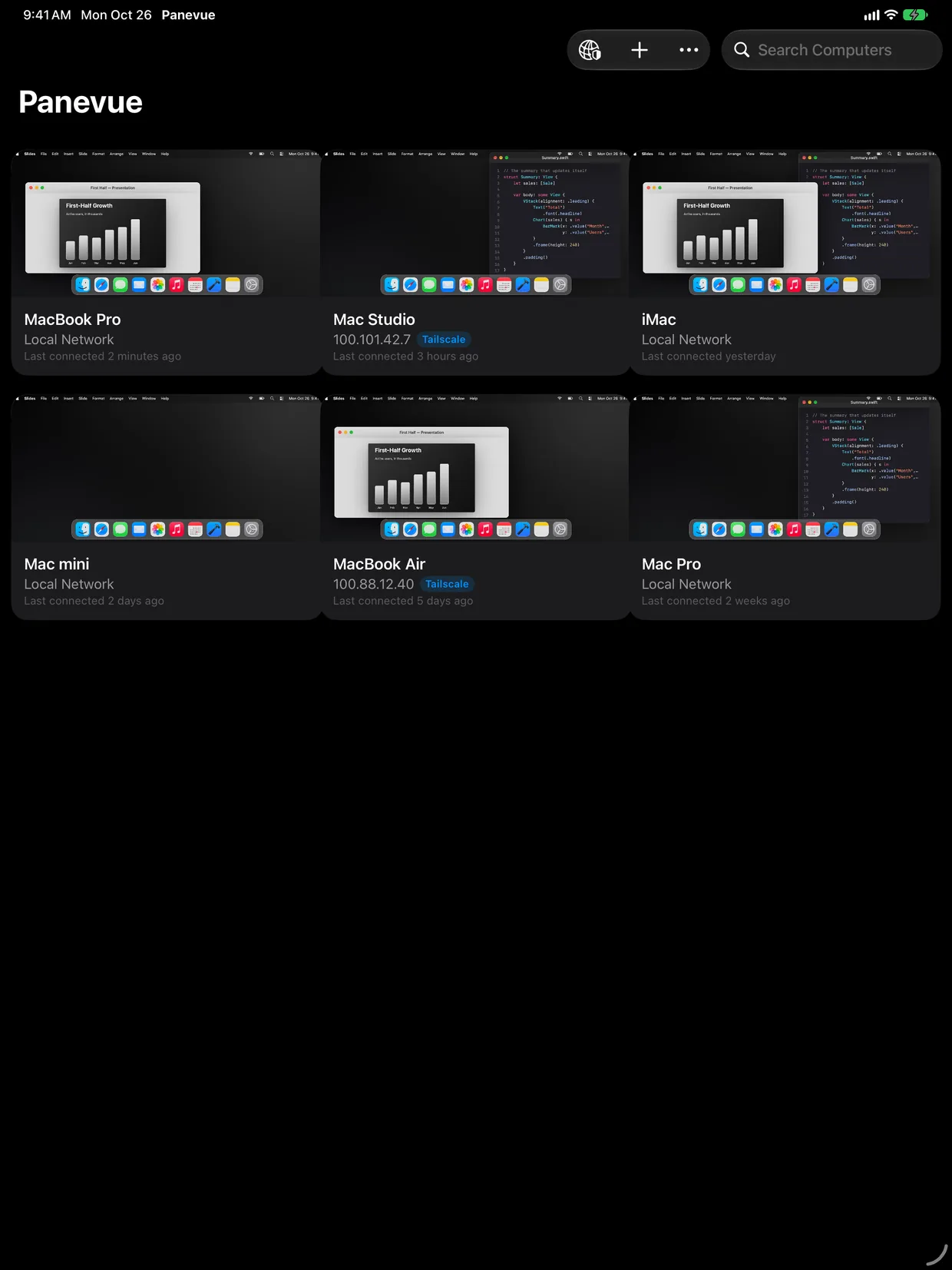 The list of Macs on iPad, with previews and Tailscale addresses