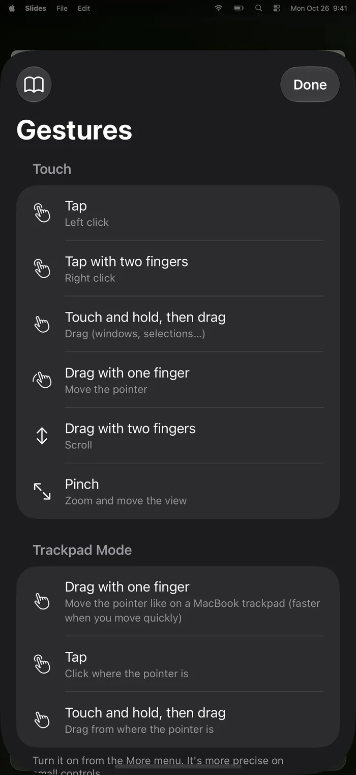 The list of gestures