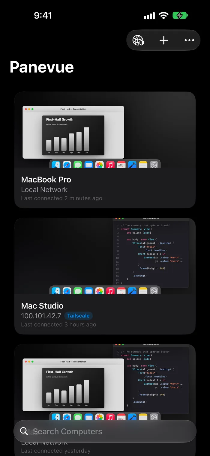 The list of computers with live previews